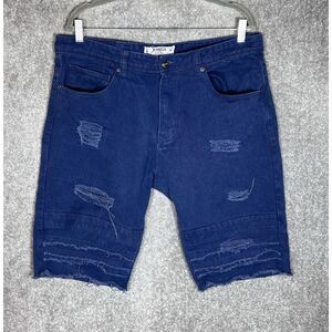 Akademiks Jeanius Distressed Bermuda‎ Denim Shorts Mens Size 36 Blue Raw Hem